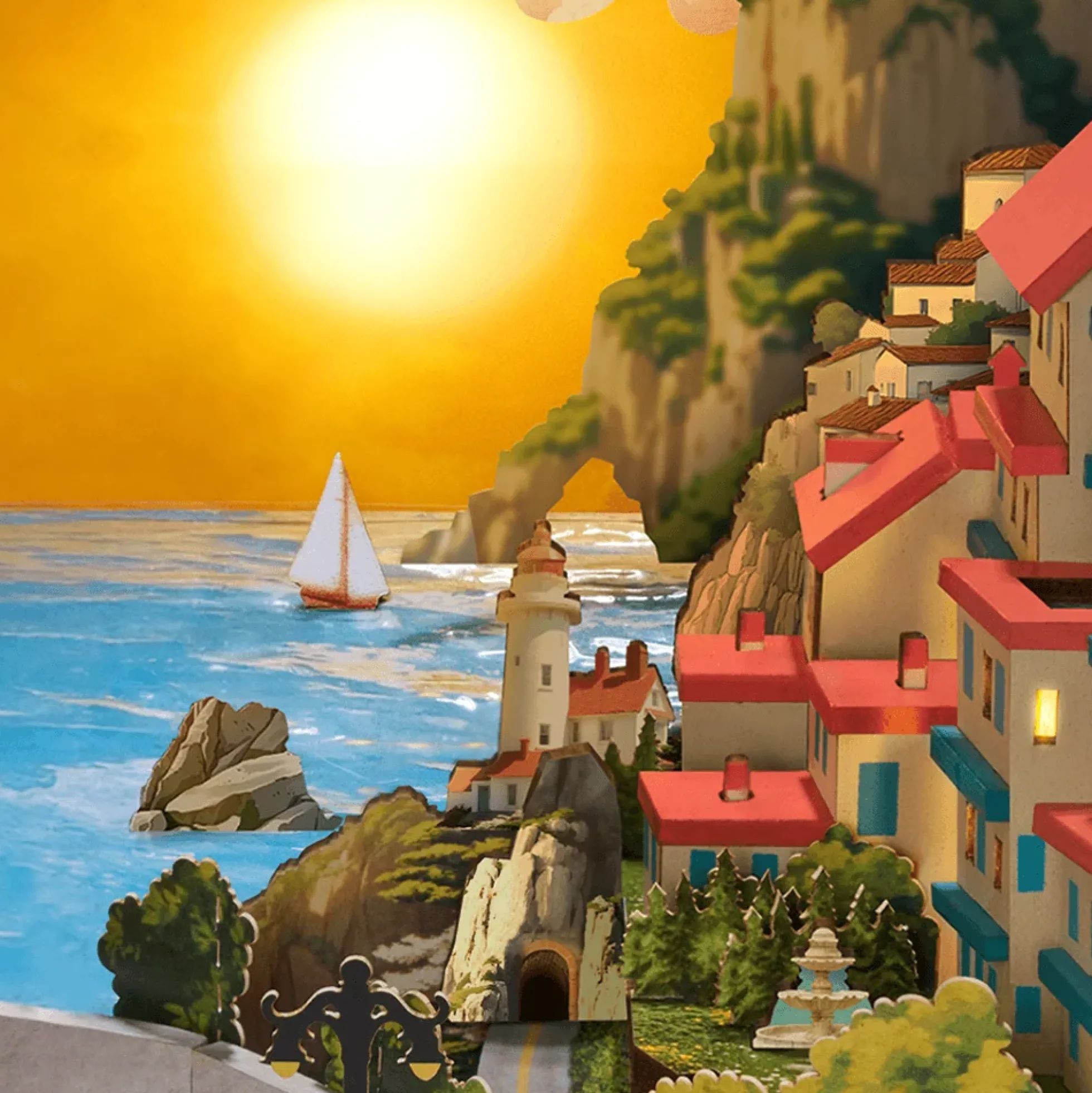 Book Nook Sunset Isle, Bausatz mit Küstenstadt und zwei Lichtstimmungen