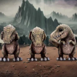 Drei weise T-Rex Figuren: Nichts sehen, nichts hören, nichts sagen