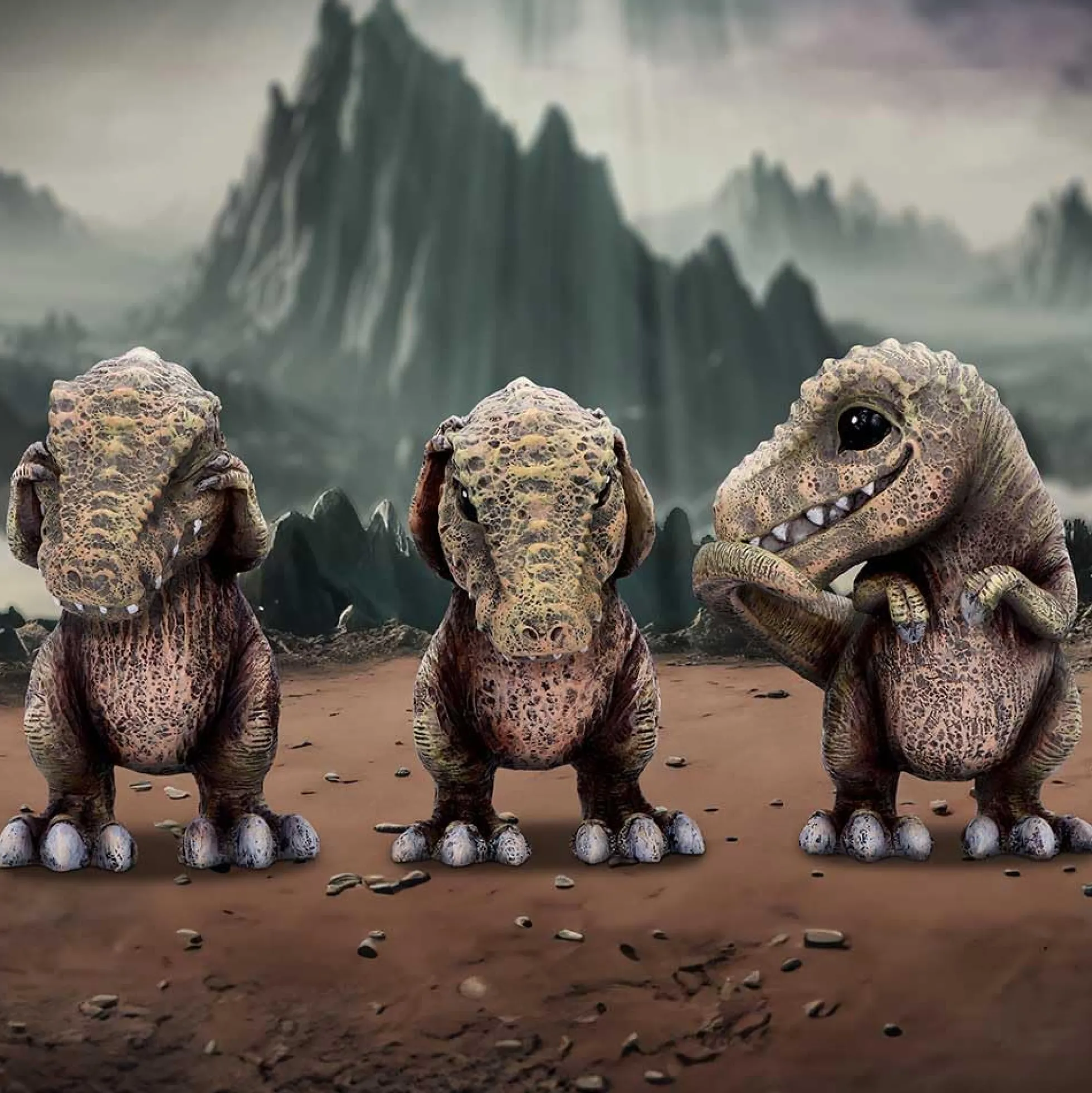 Drei weise T-Rex Figuren: Nichts sehen, nichts hören, nichts sagen