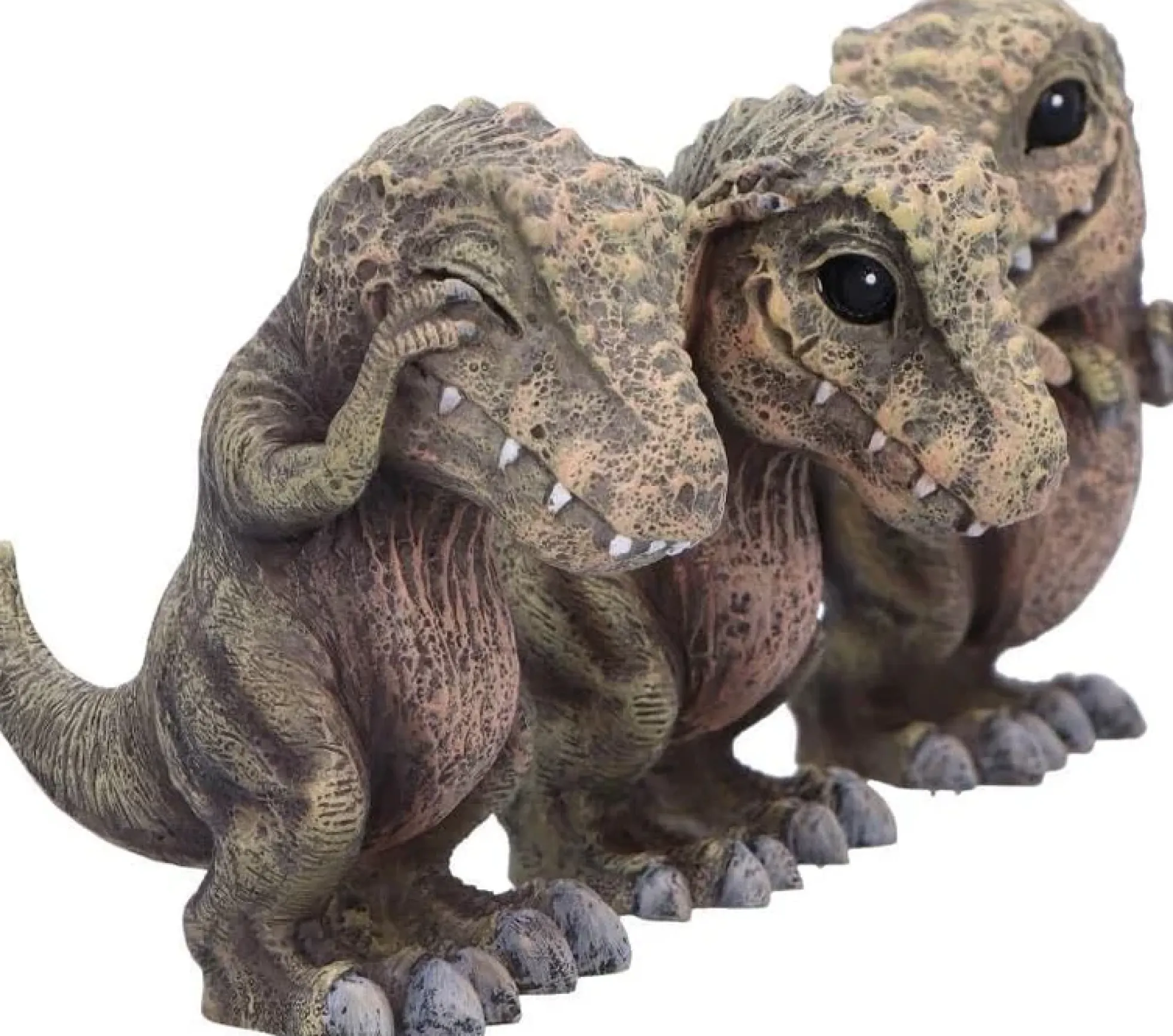 Drei weise T-Rex Figuren: Nichts sehen, nichts hören, nichts sagen
