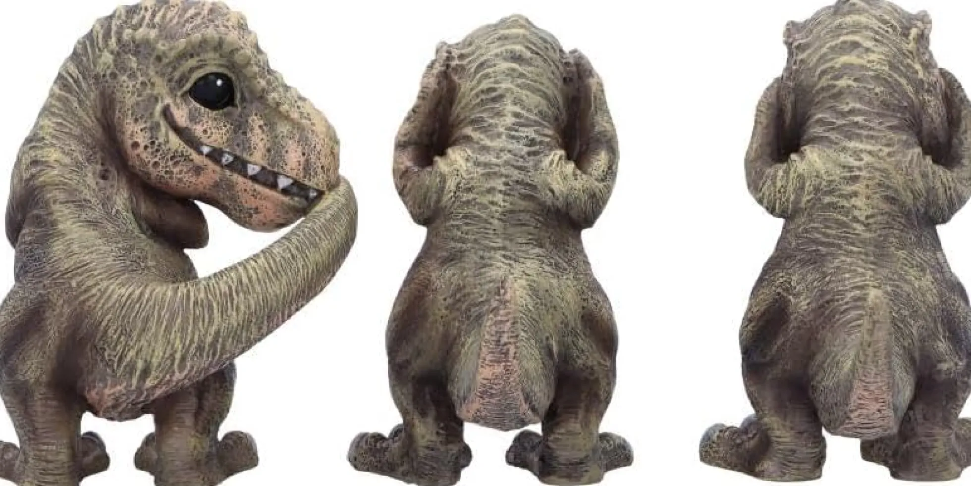 Drei weise T-Rex Figuren: Nichts sehen, nichts hören, nichts sagen