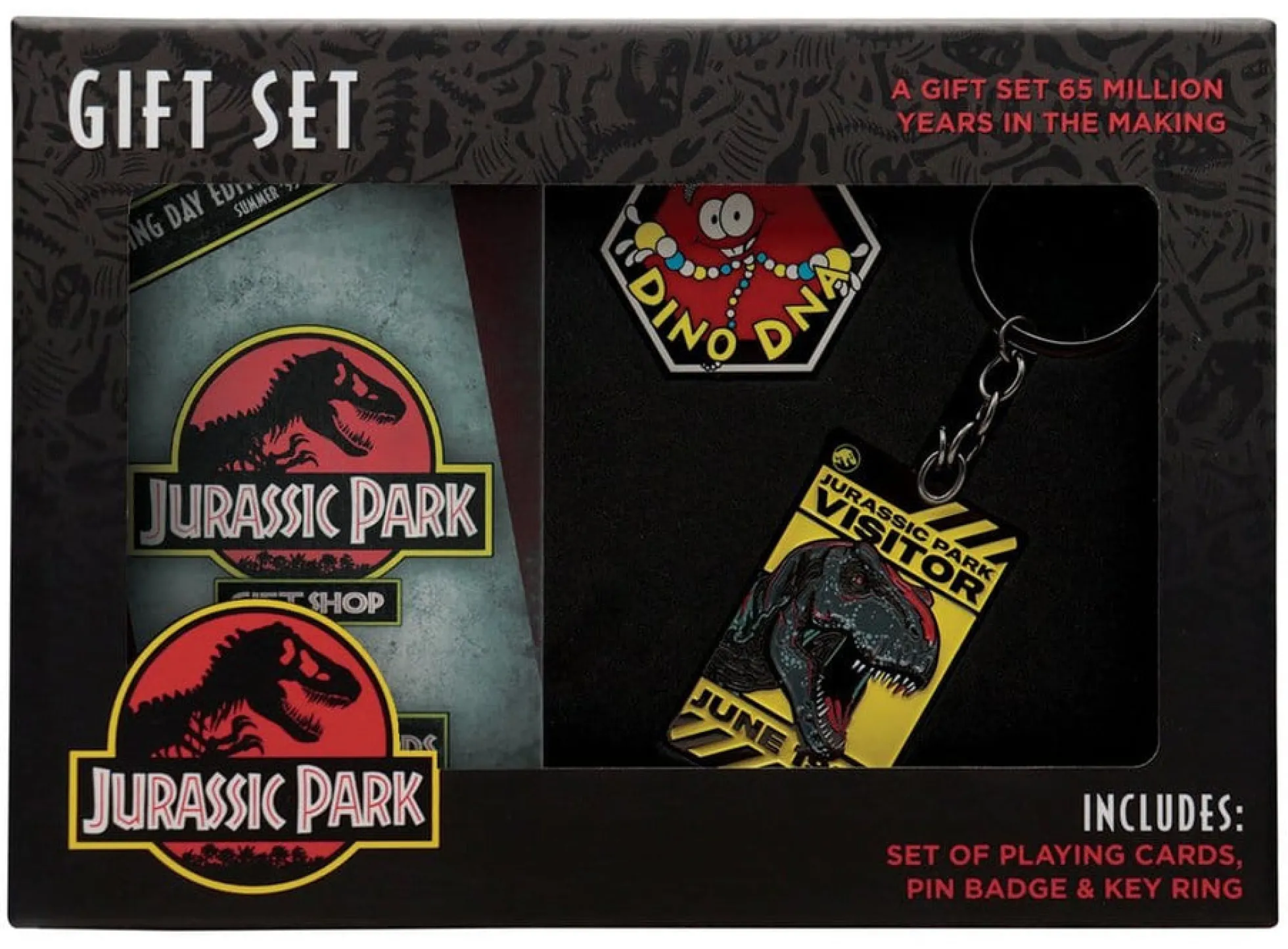 Jurassic Park Geschenkbox mit Kartenspiel, Pin und Schlüsselanhänger