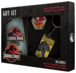 Jurassic Park Geschenkbox mit Kartenspiel, Pin und Schlüsselanhänger