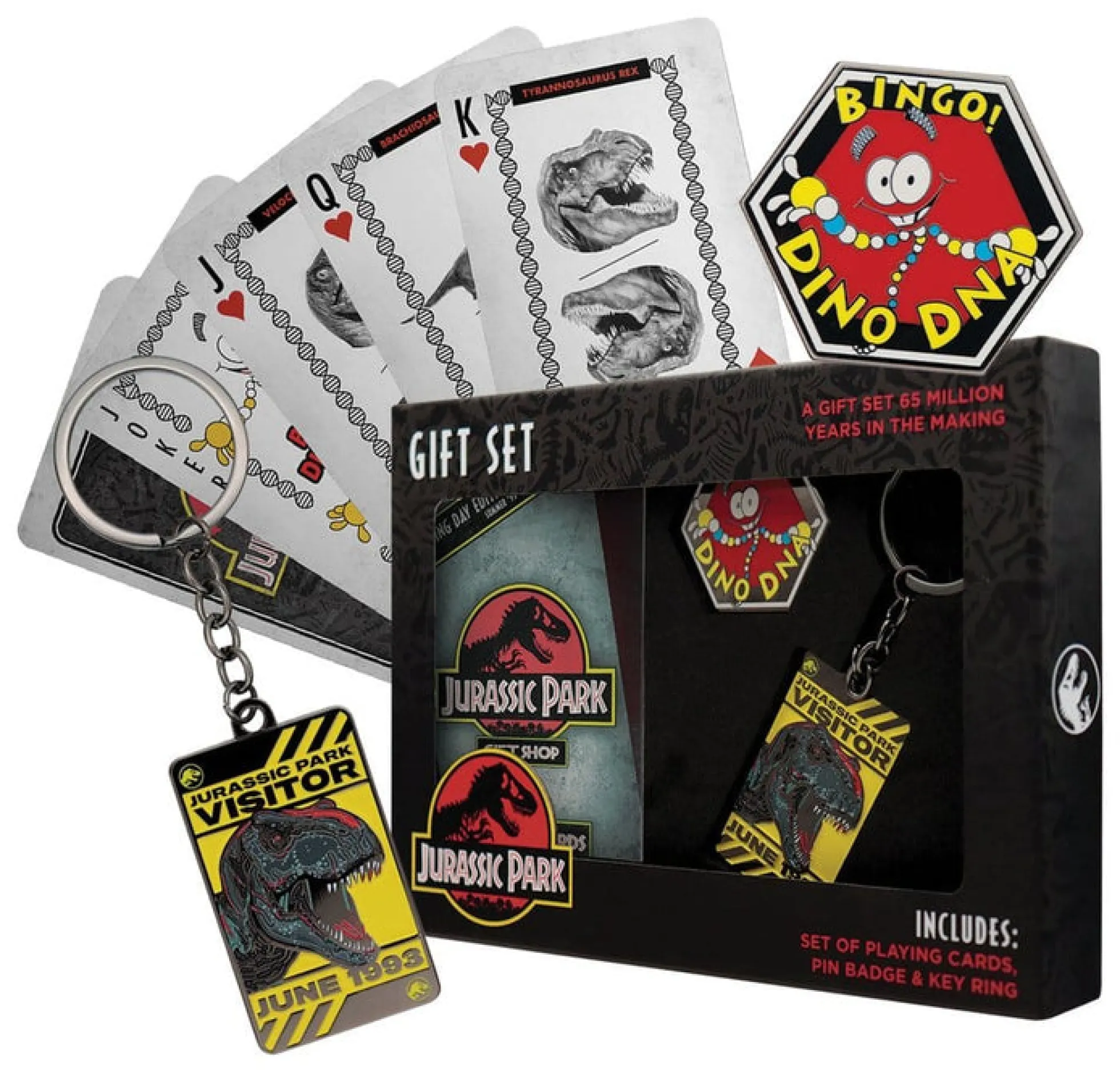 Jurassic Park Geschenkbox mit Kartenspiel, Pin und Schlüsselanhänger