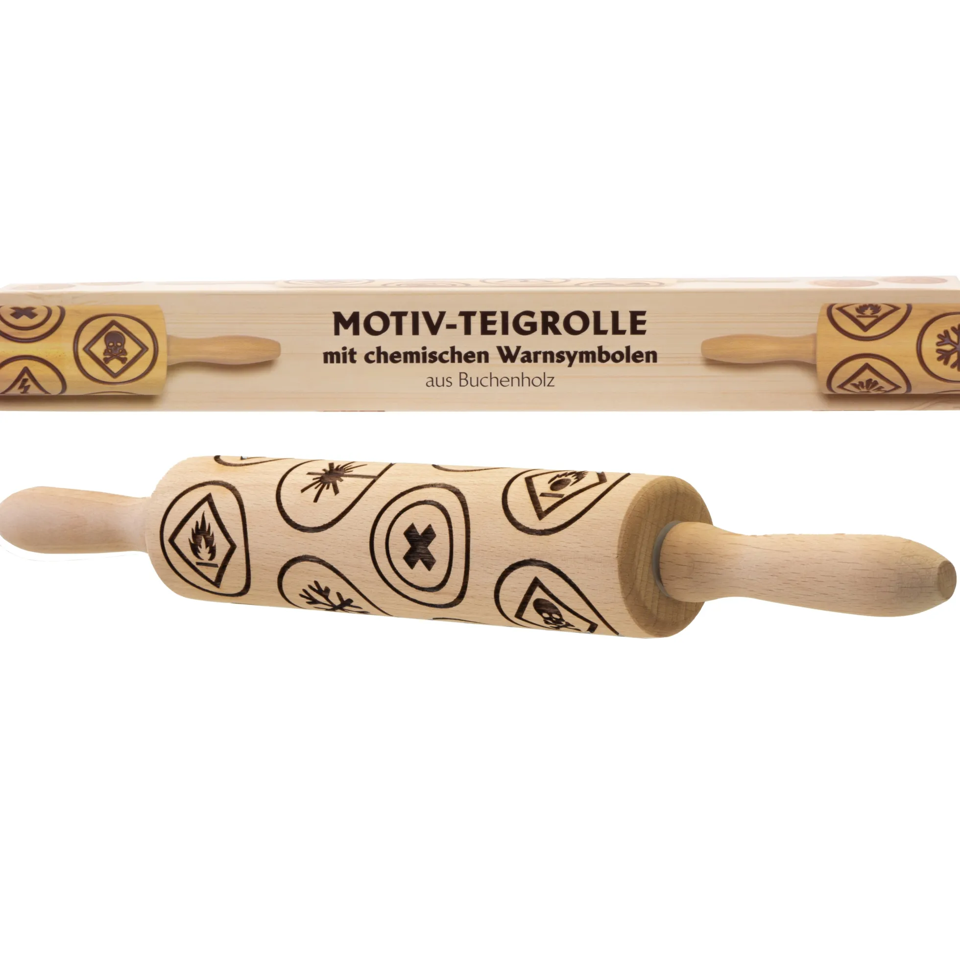 Motiv-Teigrolle mit chemischen Warnsymbolen