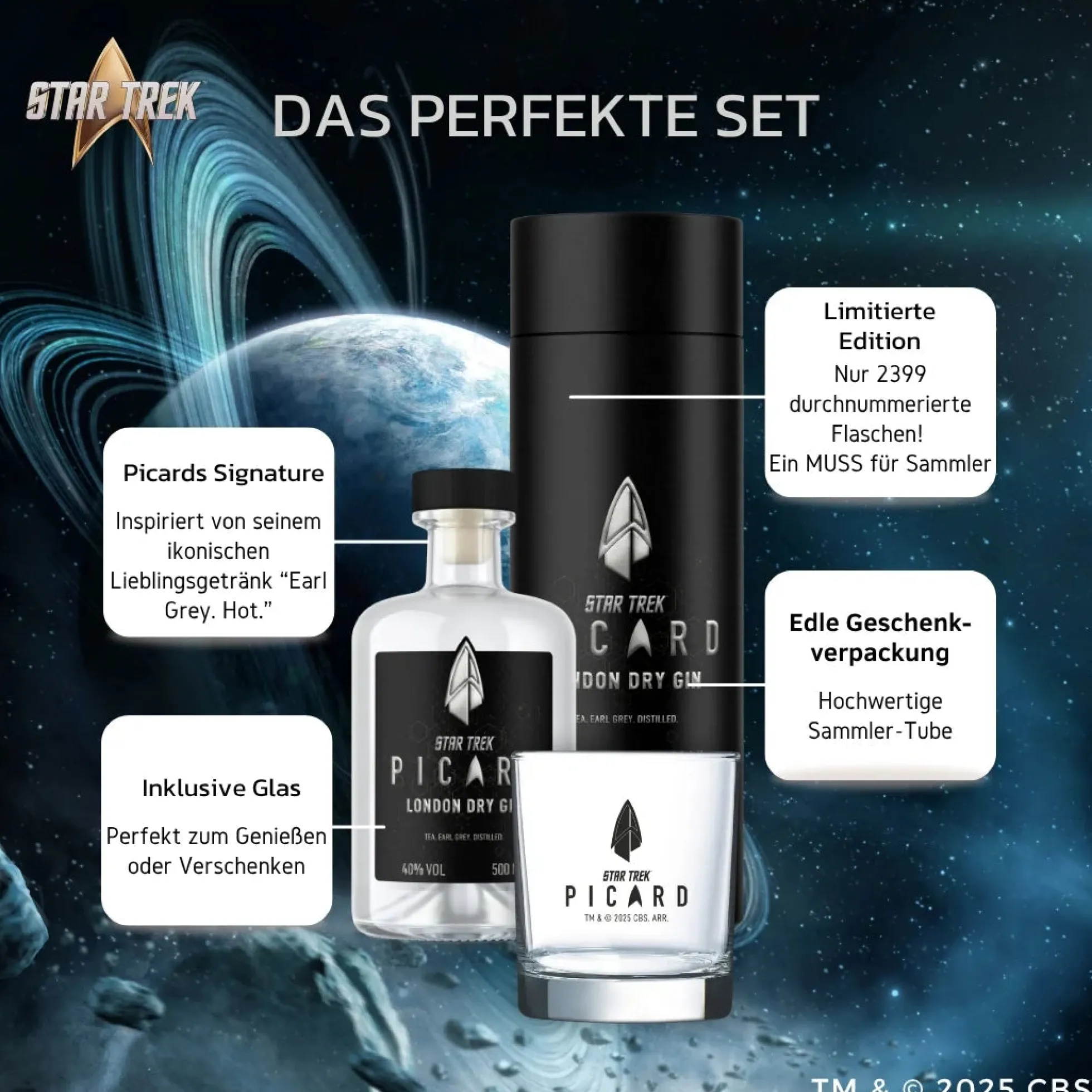 Star Trek Picard Earl Grey Gin mit Sammlerbox und Glas